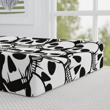 Load image into Gallery viewer, Black and White Skulls Everywhere Baby Changing Pad Cover