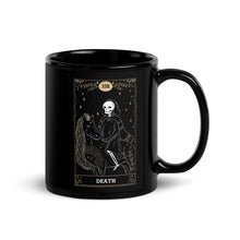 Load image into Gallery viewer, Death tarot card black coffee mug for goths ghost hunters and Halloween fans
