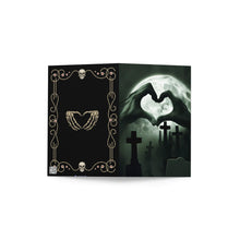 Load image into Gallery viewer, zombie hands making a heart black greeting card for goths ghost hunters and Halloween fans