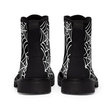 Load image into Gallery viewer, Halloween Black and white Spider Web Shoes Women's Martin Boots back view