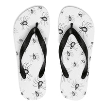 Load image into Gallery viewer, White with black straps Halloween crawling with spiders flip flops spooky goth shoes