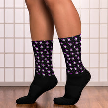 Load image into Gallery viewer, Christmas Skulls and Candy Canes in black and purple Socks For Creepy Christmas