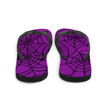 Load image into Gallery viewer, purple and black Halloween spider web flip flop for any goths summer spooky clothes collection back view