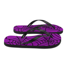 Load image into Gallery viewer, purple and black Halloween spider web flip flop for any goths summer spooky clothes collection