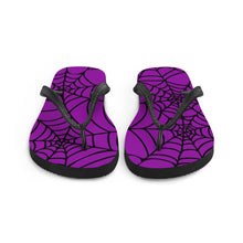 Load image into Gallery viewer, purple and black Halloween spider web flip flop for any goths summer spooky clothes collection
