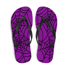 Load image into Gallery viewer, purple and black Halloween spider web flip flop for any goths summer spooky clothes collection above view