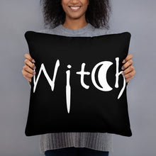 Load image into Gallery viewer, The word Witch in white creepy letters on a black pillow
