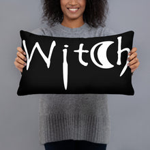 Load image into Gallery viewer, The word Witch in white creepy letters on a black pillow