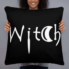 Load image into Gallery viewer, The word Witch in white creepy letters on a black pillow