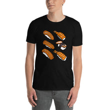 Load image into Gallery viewer, Black t shirt with kawaii japanese sushi six pieces