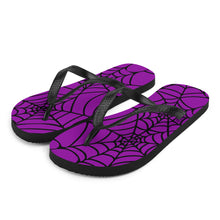 Load image into Gallery viewer, purple and black Halloween spider web flip flop for any goths summer spooky clothes collection side view
