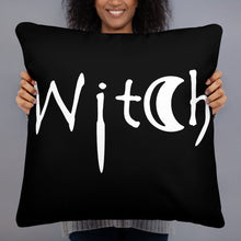 Load image into Gallery viewer, The word Witch in white creepy letters on a black pillow