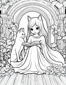 Free Printable Coloring Page Cute Cat Girl Reading to Her Cat