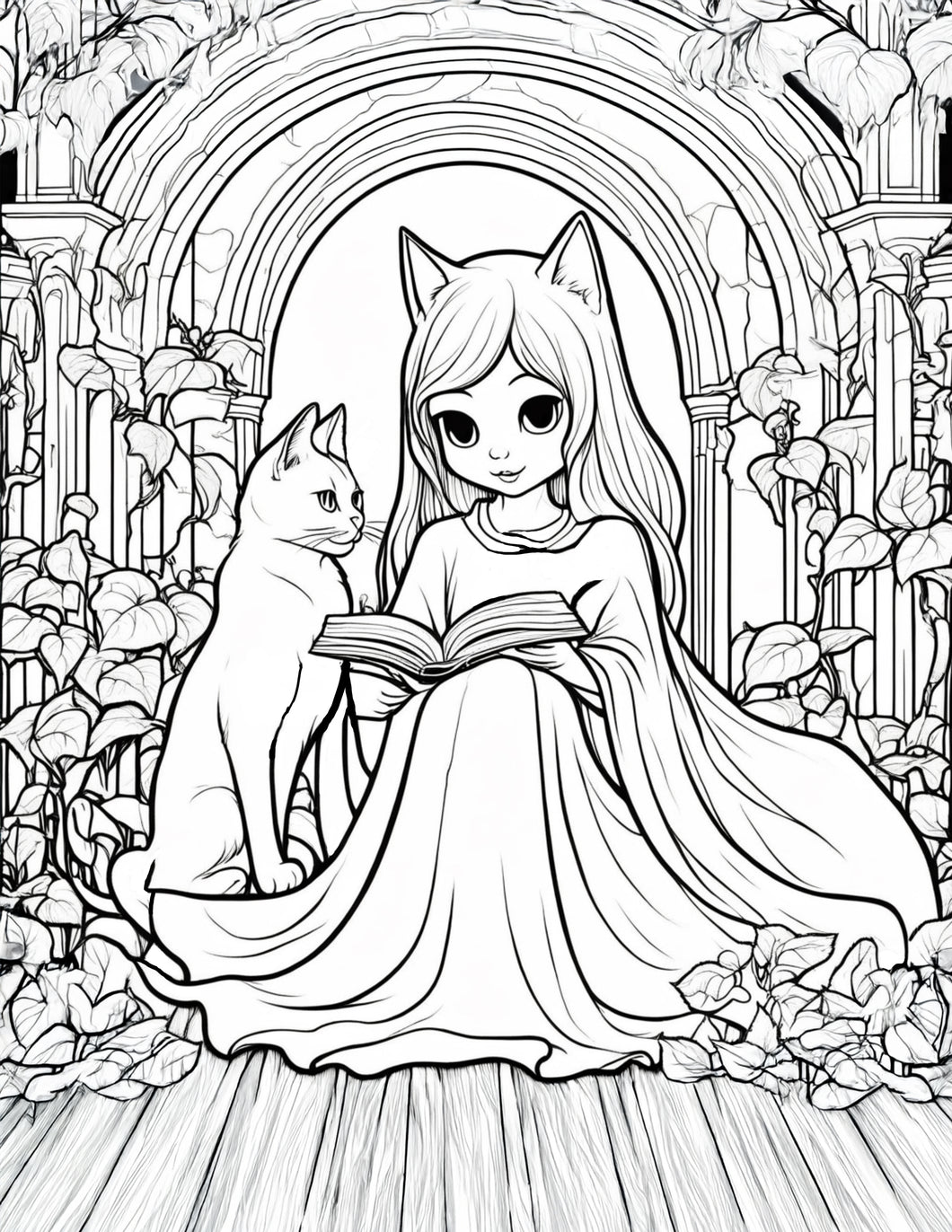 Free Printable Coloring Page Cute Cat Girl Reading to Her Cat