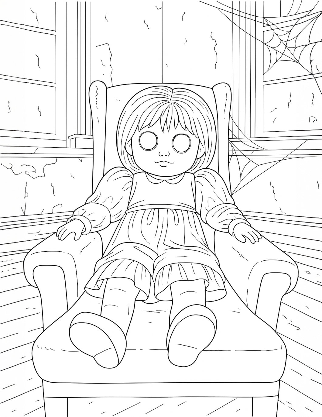 Free Printable Coloring Page Creepy Doll in an Abandoned House