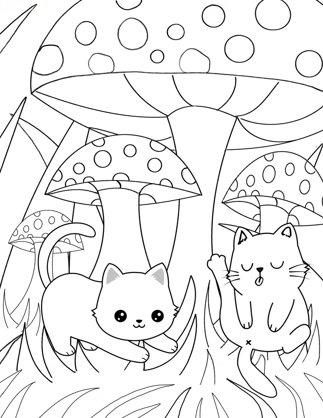 Free Printable Coloring Page Cute Kittens Playing Under the Mushrooms