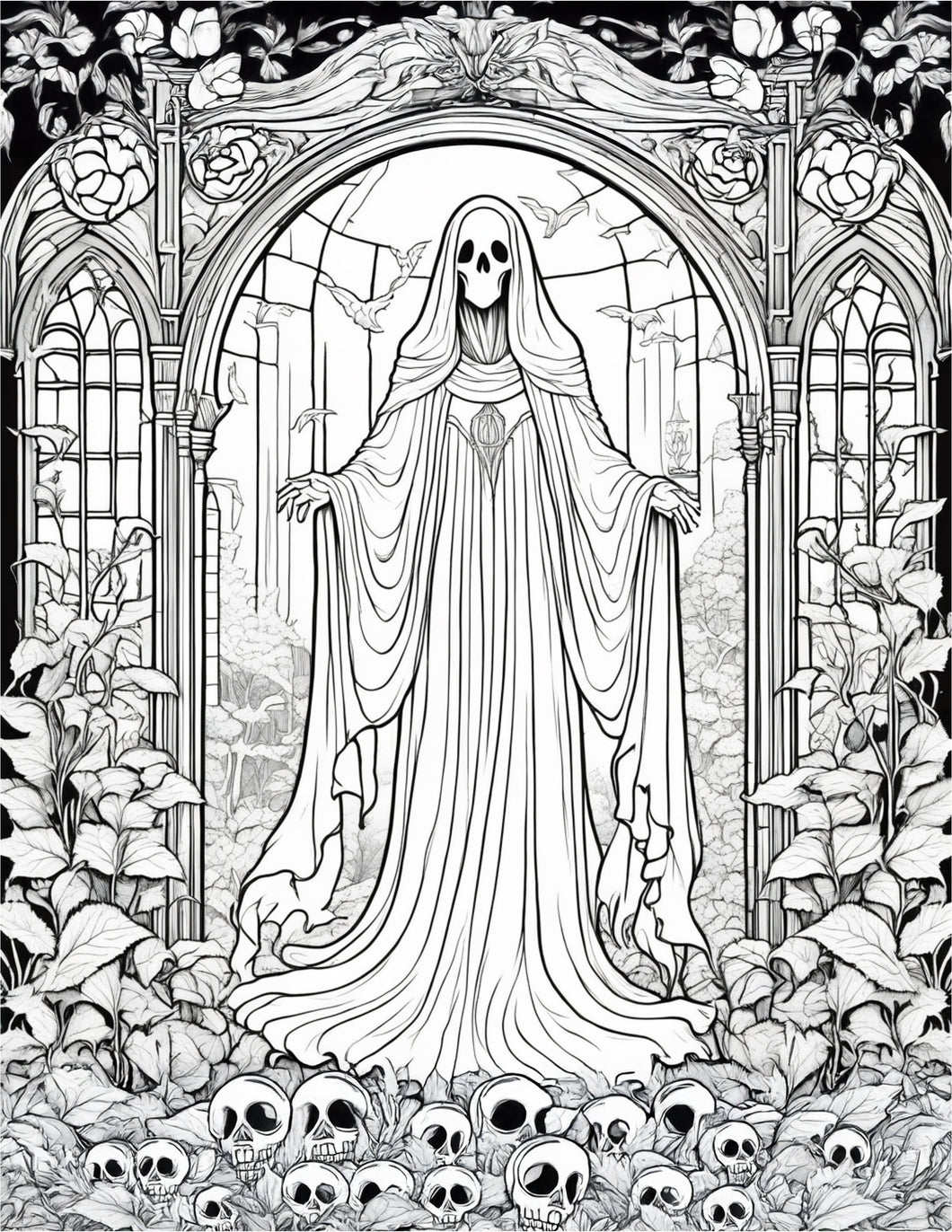 Free Printable Coloring Page Ghost in the Skull Garden