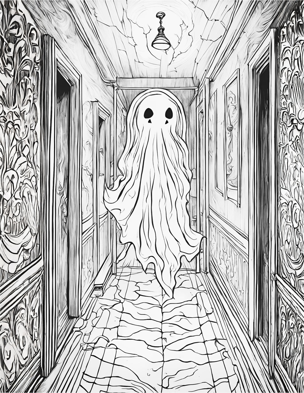 Free Printable Coloring Page Ghost in the Abandoned Hall