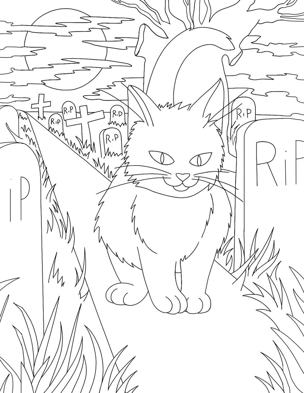 Free Printable Coloring Page Kitten Walking in the Graveyard