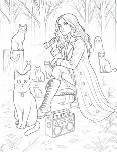 Free Printable Coloring Page Spooky Cat Lady Ghost Hunting With Her Cats