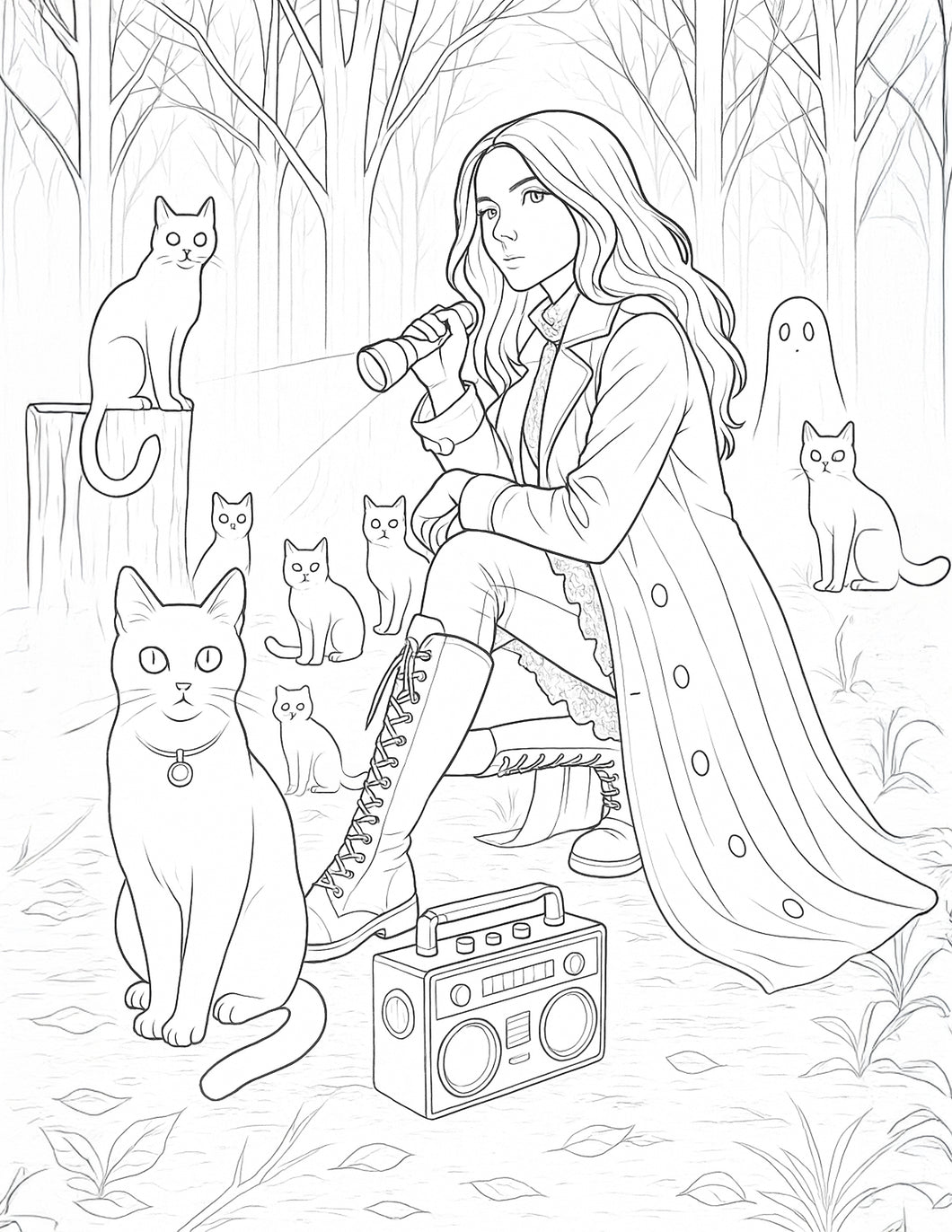 Free Printable Coloring Page Spooky Cat Lady Ghost Hunting With Her Cats
