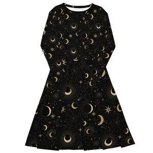 Mystic Night All-over print long sleeve midi dress: Embrace the Enchanting Elegance of the Shadows! 👻🌑
