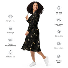 Load image into Gallery viewer, Mystic Night All-over print long sleeve midi dress: Embrace the Enchanting Elegance of the Shadows! 👻🌑

