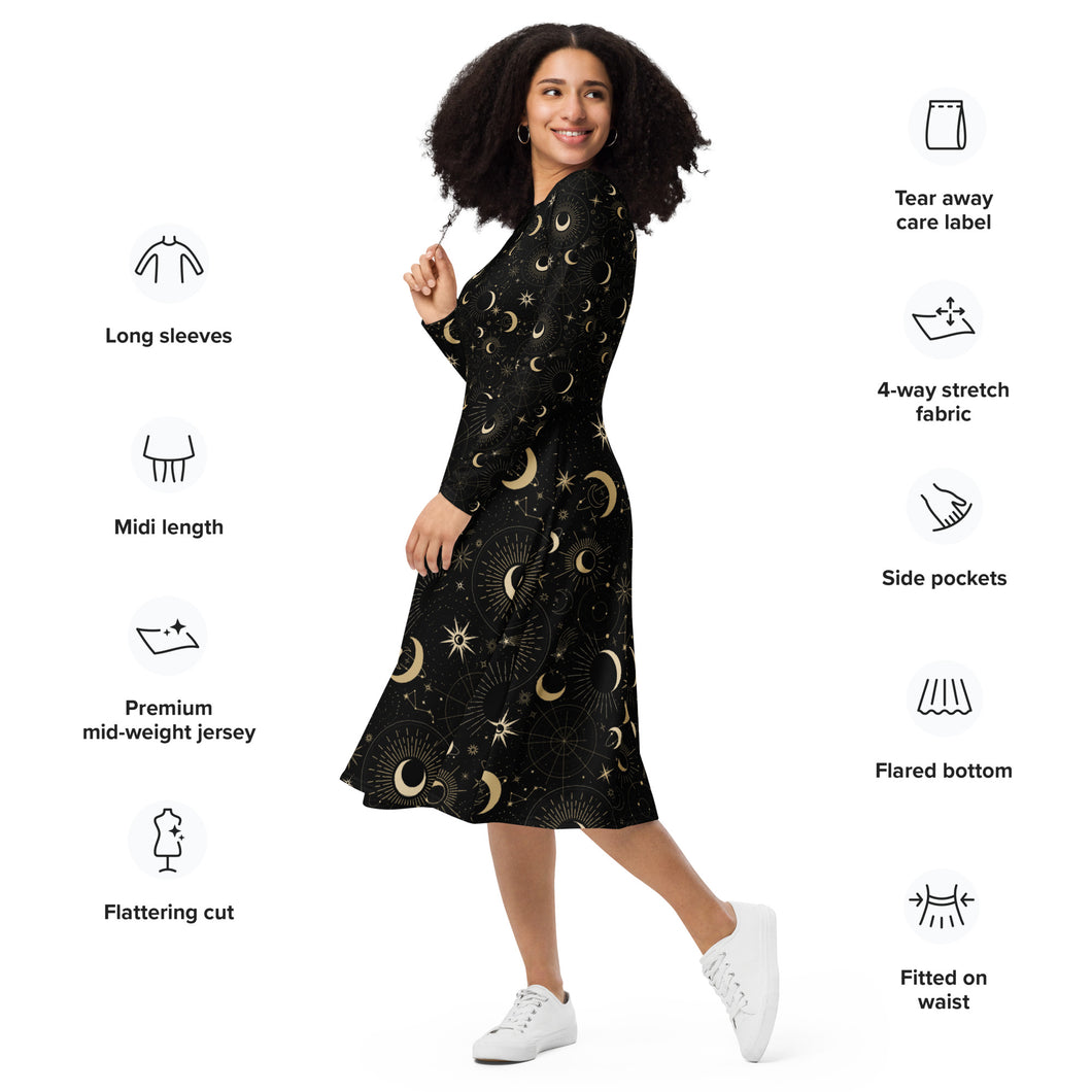 Mystic Night All-over print long sleeve midi dress: Embrace the Enchanting Elegance of the Shadows! 👻🌑
