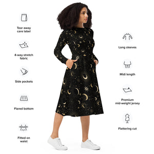 Mystic Night All-over print long sleeve midi dress: Embrace the Enchanting Elegance of the Shadows! 👻🌑