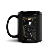 Load image into Gallery viewer, Death tarot card black coffee mug for goths ghost hunters and Halloween fans

