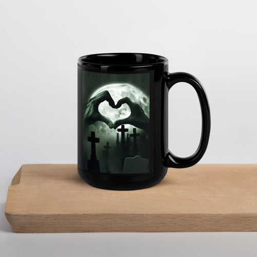 zombie hands making a heart black coffee mug for goths ghost hunters and Halloween fans