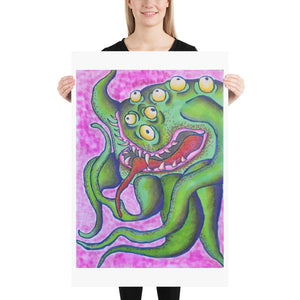 Creepy green monster with lots of eyes art print Halloween art