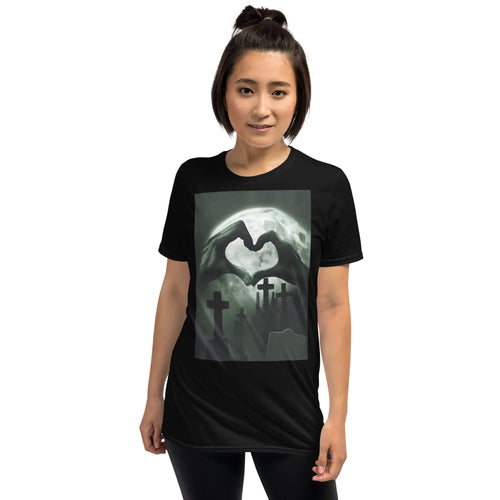 zombie hands making a heart black t-shirt for goths ghost hunters and Halloween fans