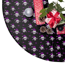 Load image into Gallery viewer, Skulls and candy canes in purple and black Christmas Tree Skirt for fans of Halloween
