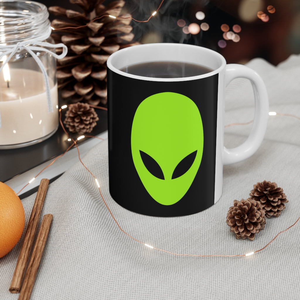 Green Alien Head Black Coffee Mug 11oz