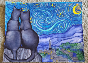 Starry Kitties Parody of Starry Night Printable Adult Coloring Page