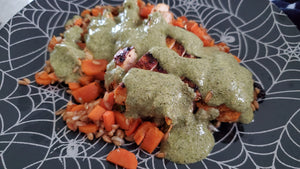 Chicken Dish on a Halloween spider web plate