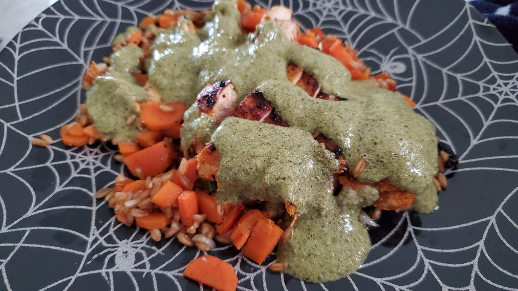 Chicken Dish on a Halloween spider web plate