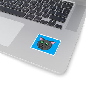 Fun Cartoon Grey Kitty with green eyes Kiss-Cut Stickers on a computer