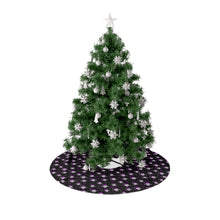 Load image into Gallery viewer, Skulls and candy canes in purple and black Christmas Tree Skirt for fans of Halloween
