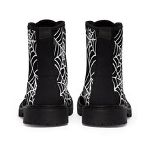 Load image into Gallery viewer, Halloween Black and white Spider Web Shoes Women&#39;s Martin Boots back view
