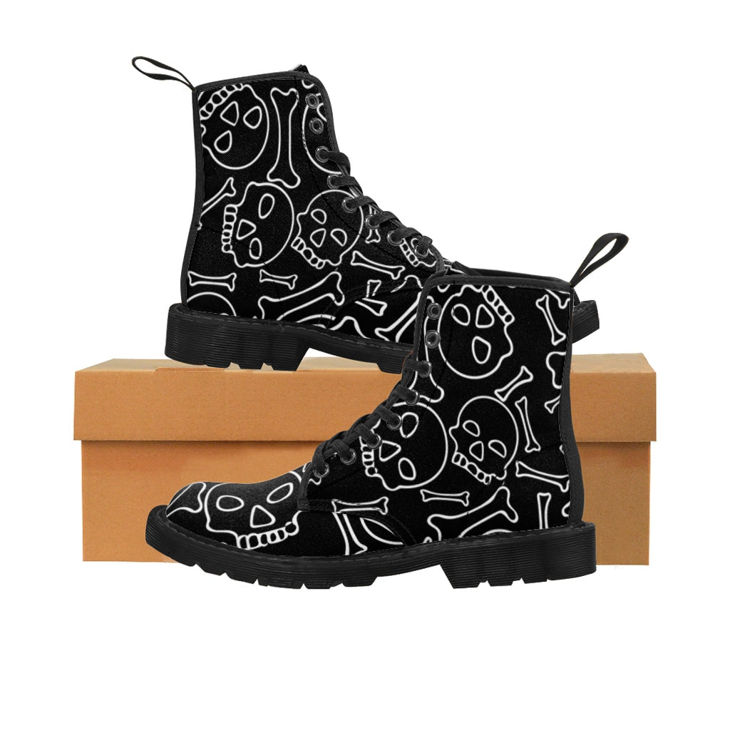 Black and White Skull and Bones Women's Goth Fashion Canvas Boots
