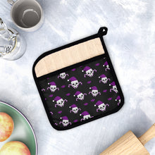 Load image into Gallery viewer, Christmas Skulls and Candy Canes black and purple Potholder with Pocket
