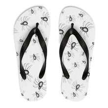 Load image into Gallery viewer, White with black straps Halloween crawling with spiders flip flops spooky goth shoes
