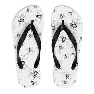 White with black straps Halloween crawling with spiders flip flops spooky goth shoes