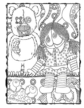 Dark Whimsical Art Adult Coloring Book Page Scary Toys