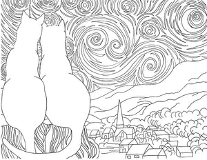 Starry Kitties Parody of Starry Night Printable Adult Coloring Page