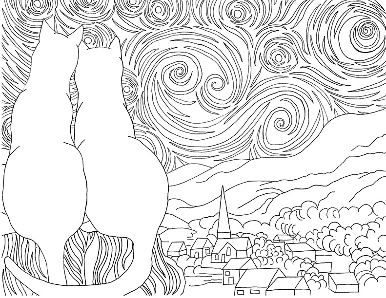 Starry Kitties Parody of Starry Night Printable Adult Coloring Page