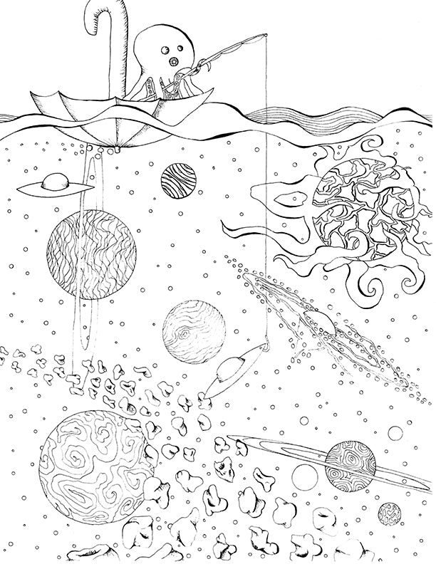 Octopus Fishing For a Spaceship Printable Adult Coloring Page: Dive into the Dark Depths of Imagination with this Printable Adult Coloring Page! 🖌️🎨