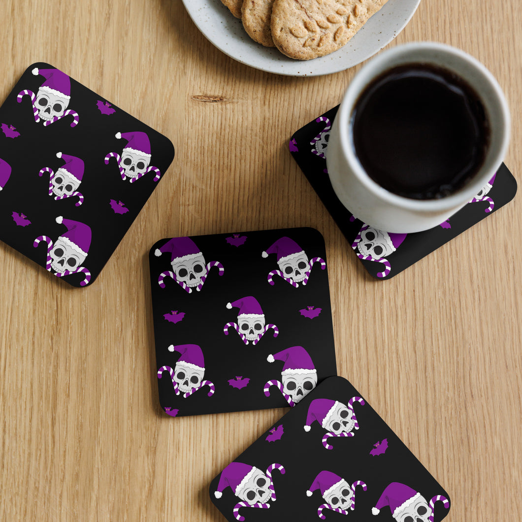 Christmas Skulls and Candy Canes in black and purple Cork-back coaster